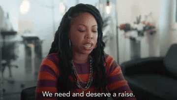 woman saying &quot;we need and deserve a raise&quot;