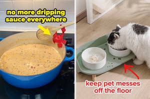 a crab spoon holder keeping sauce from dripping off a wooden spoon onto the counter / a cat eating from a bowl in a stand that catches excess food droppings