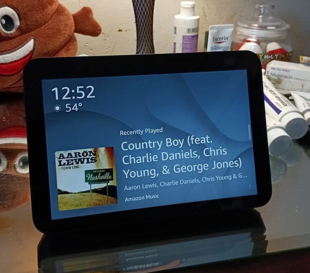 reviewer's echo show 8 set up and playing music from Amazon music