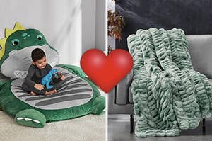 On the left is a kid sitting on a dinosaur floor pillow and on the right is a green throw blanket