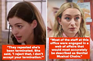 Left: Anne Hathaway wears a headset in "The Intern" Right: Amelia Dimoldenberg hosts "Chicken Shop Date"