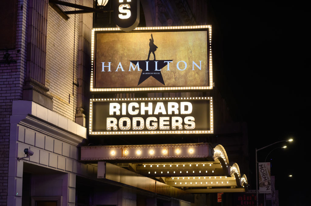 A &quot;Hamilton&quot; sign on Broadway