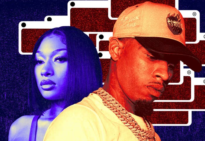 Tory Lanez in a red gradient. Megan Thee Stallion is in a blue gradient and starts to blend into the background that is the same blue color. Behind Lanez are many media boxes with a red color that makes him look like he&#x27;s blending into the background