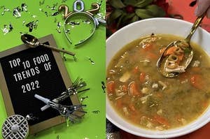 One half of image says "top 10 food trends of 2022" on board with a green background and festive 2022 props while the other has a white bowl of chicken soup with "C O R N" noodles