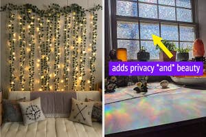 vines with fairy lights hung from a wall / prismatic window film