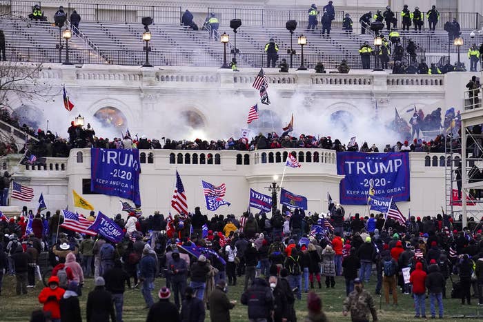 Rioters holding up flags including Trump 2020 outside the Capitol