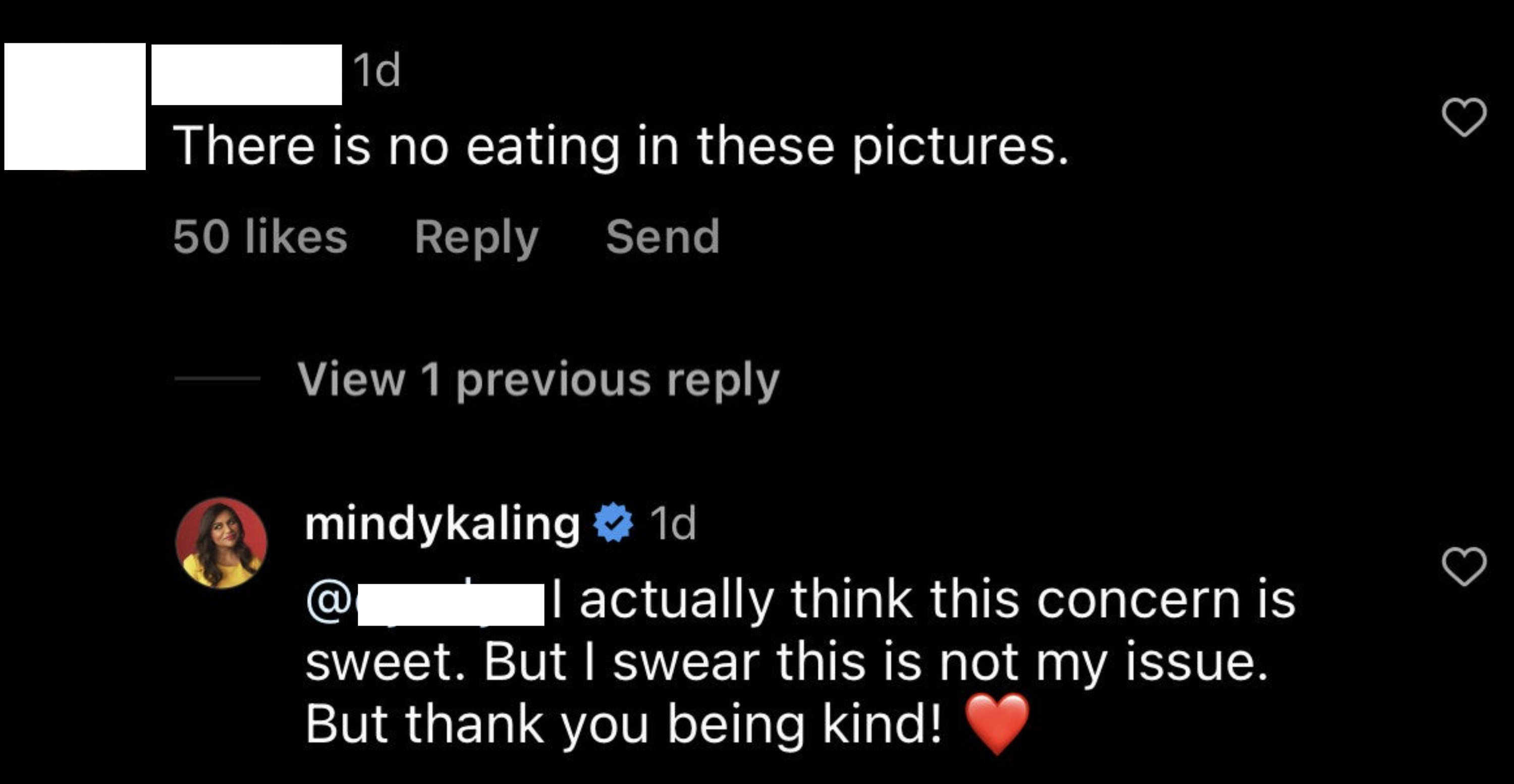 &quot;There is no eating in these pictures&quot;; her response: &quot;I actually think this concern is sweet, but I swear this is not my issue, but thank you being kind!&quot;