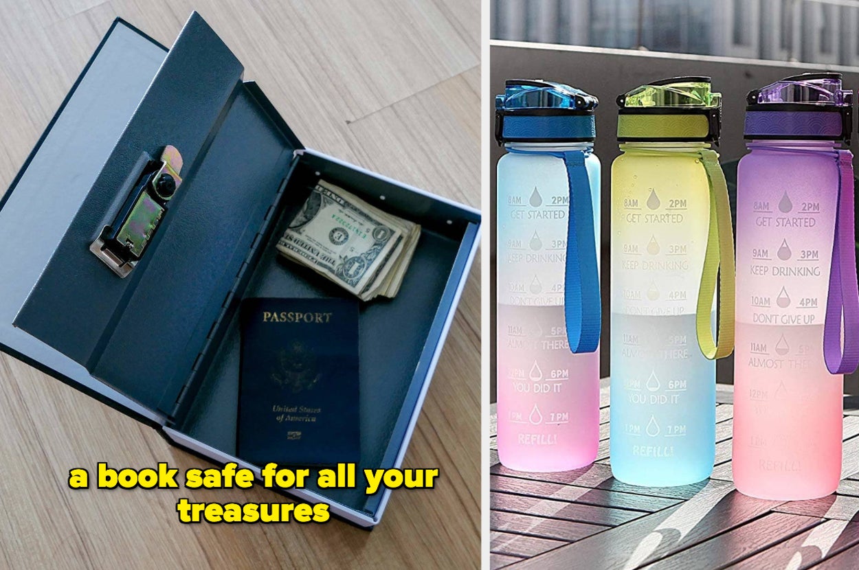 A book safe and water bottles