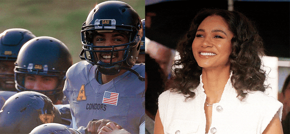 he wears a football helmet and on the field, smiles into the bleachers, where she waves and smiles at him