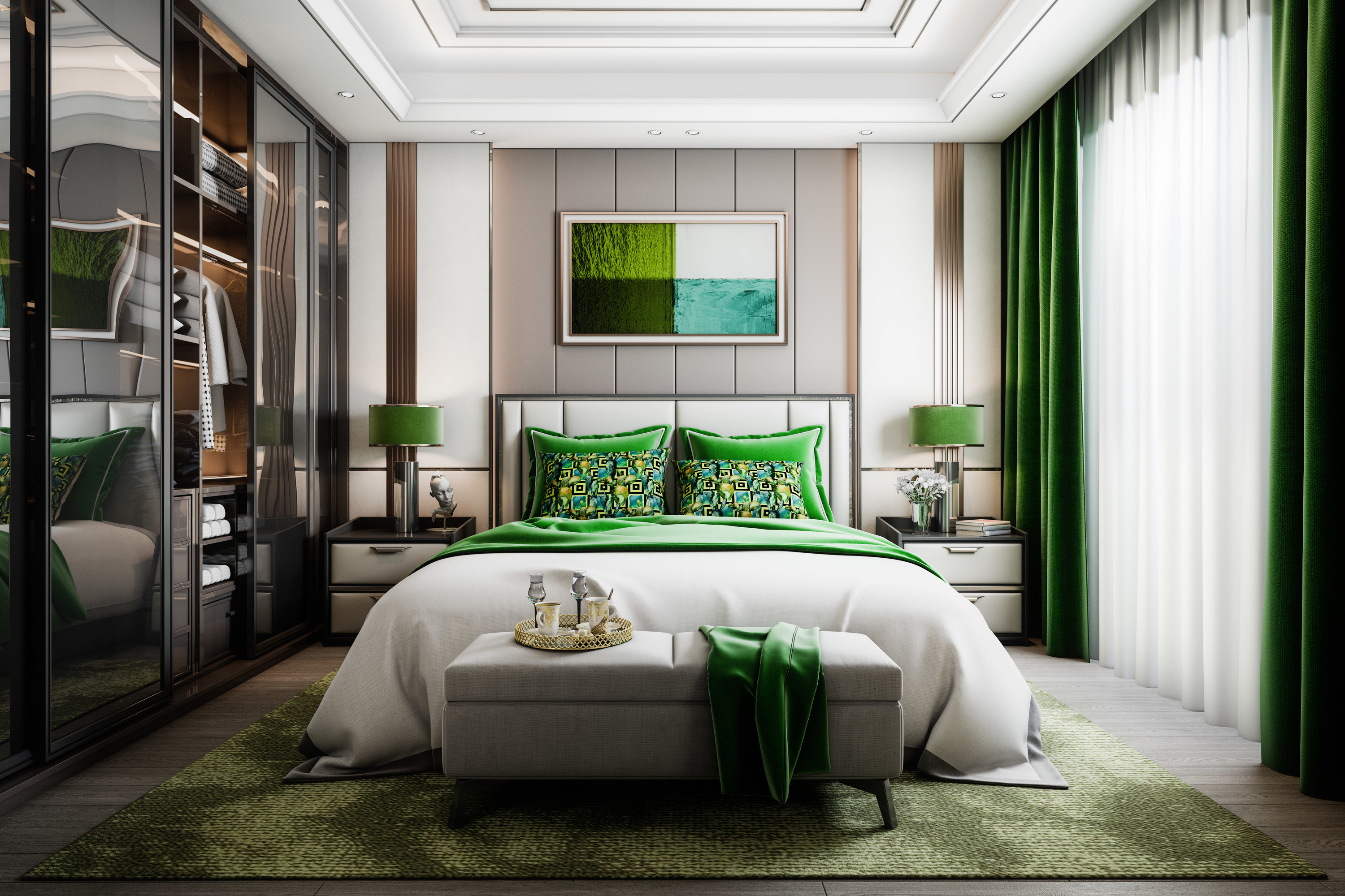 a bedroom with green artwork, green pillows, green blankets, a green rug, and green curtains