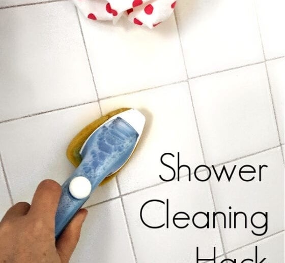 Blogger&#x27;s photo of a hand cleaning a shower with a dish brush