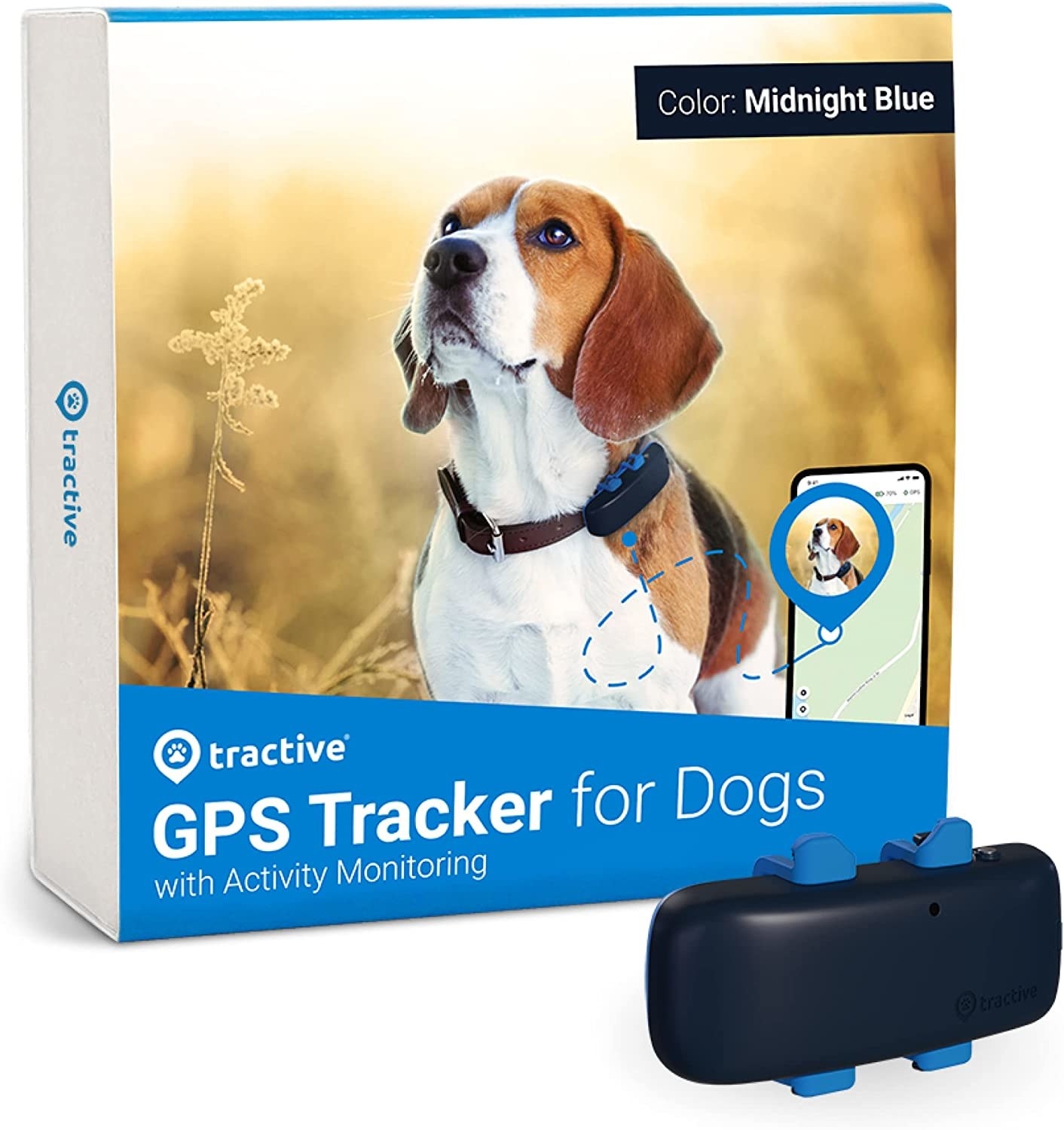 the tracker in front of the box against a plain background