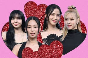 the four members of blackpink surrounded by sparkling hearts against a pink background