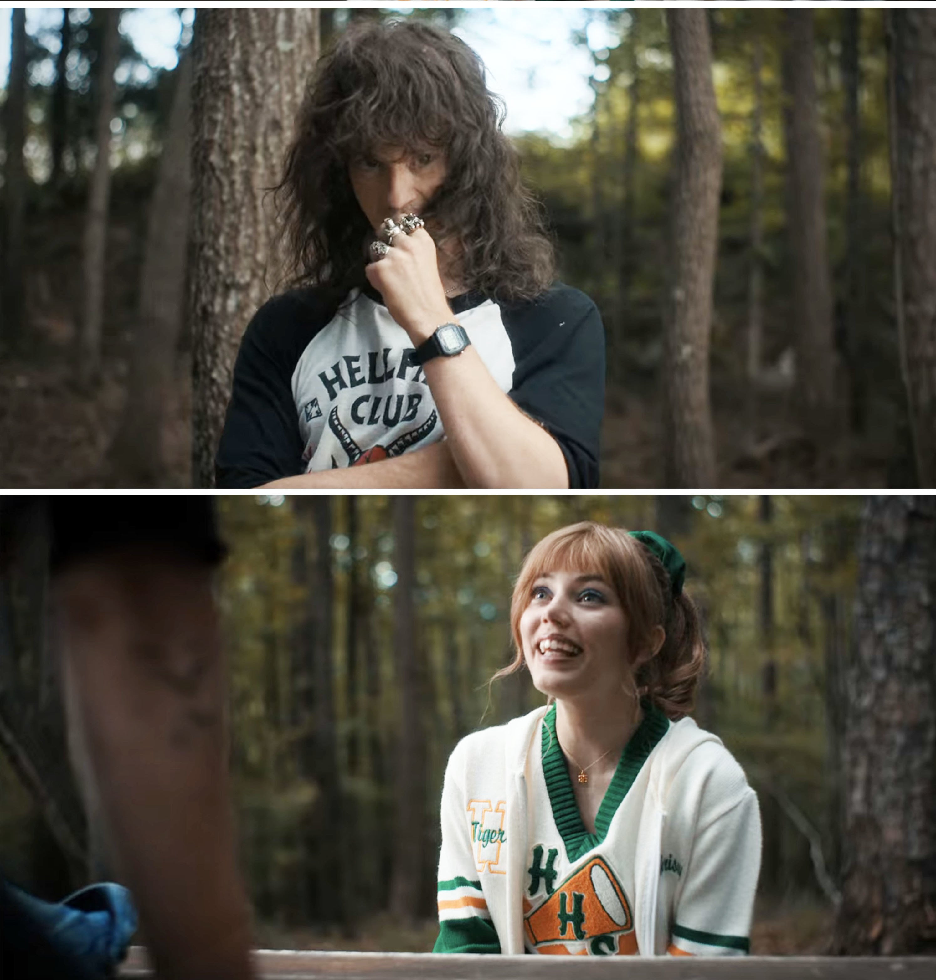 Eddie and Chrissy talking and smiling at each other in the woods