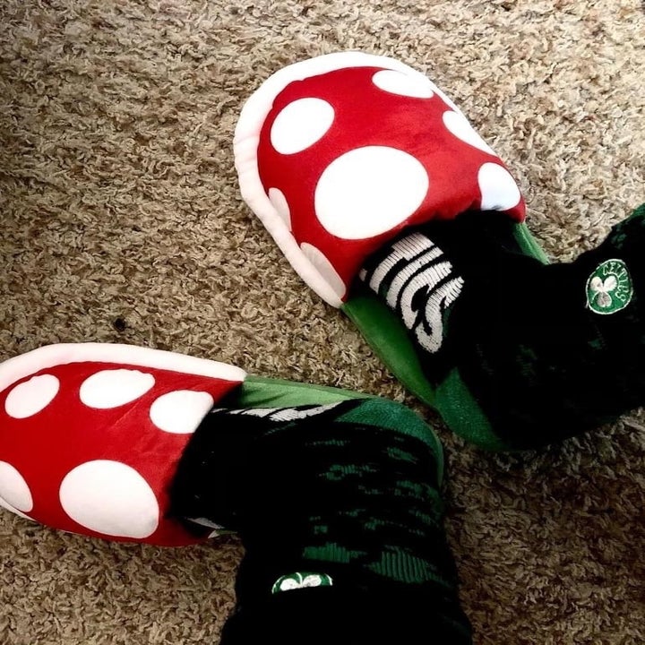 polka dot slippers on feet