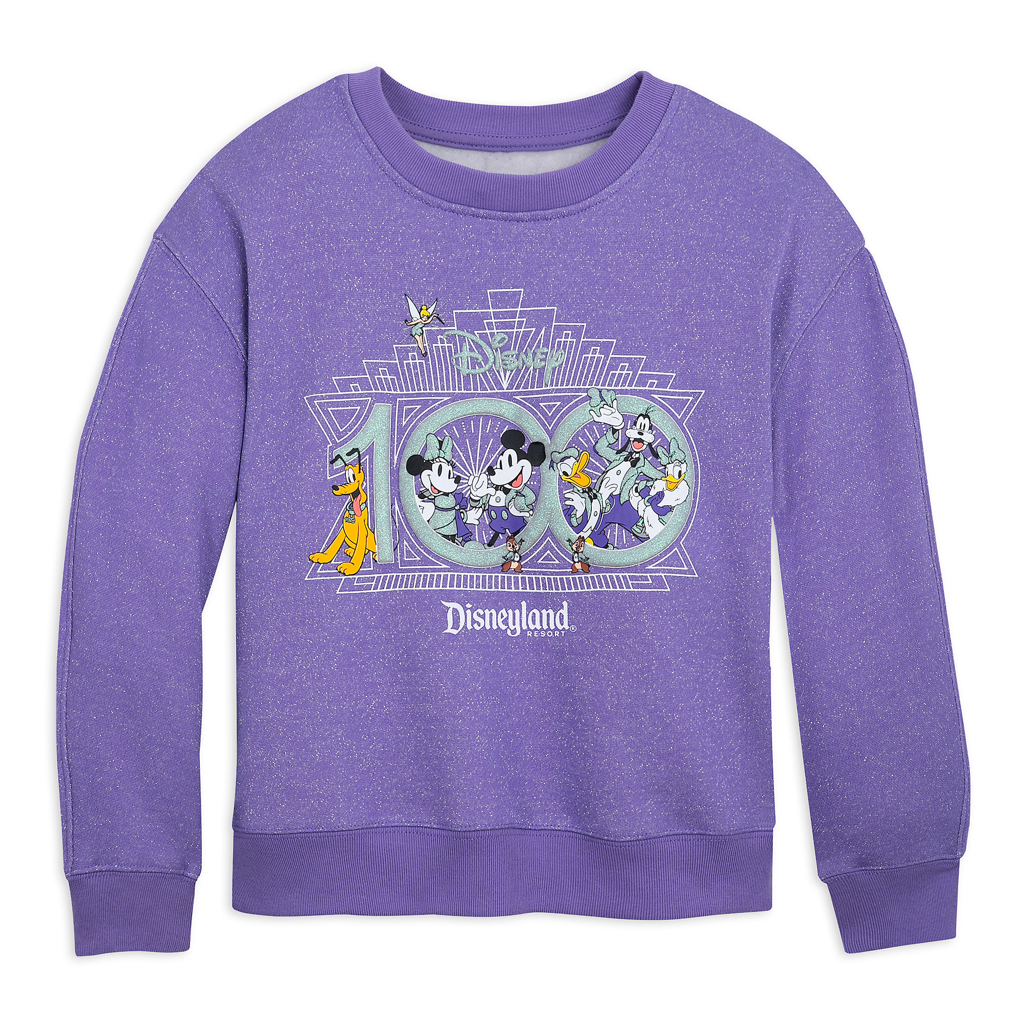 A crewneck sweatshirt with the Disney 100 logo and a bunch of the characters dressed up