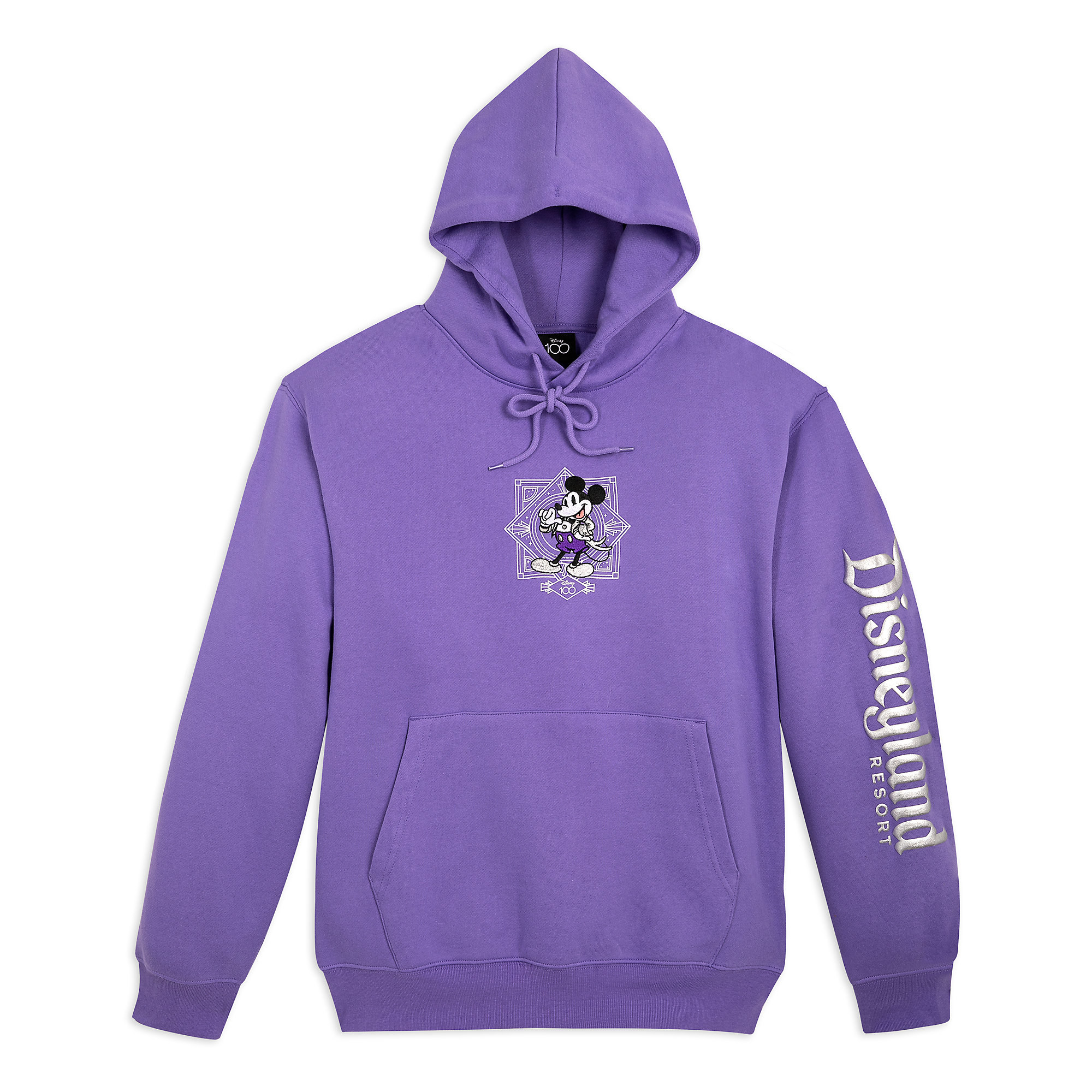 A long sleeved purple hoodie with mickey printed on the front in his tuxedo and disneyland resort printed down the left art