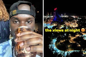 side by side photos of myself holding a cup to my mouth and a skyline view at night