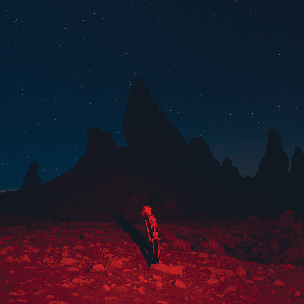 The album art, which consists of a young woman in a skeleton suit standing in the desert