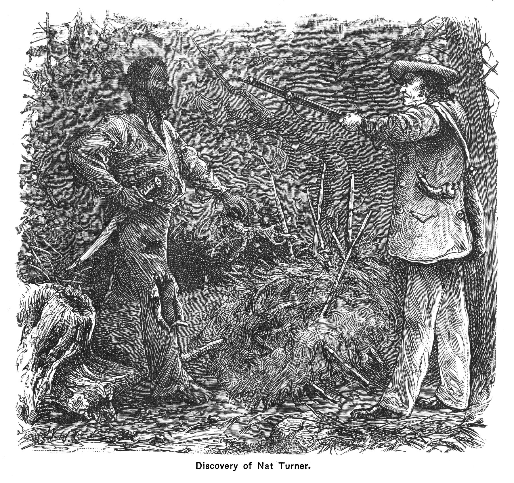 drawing of an enslaved person and a person pointing a gun at them