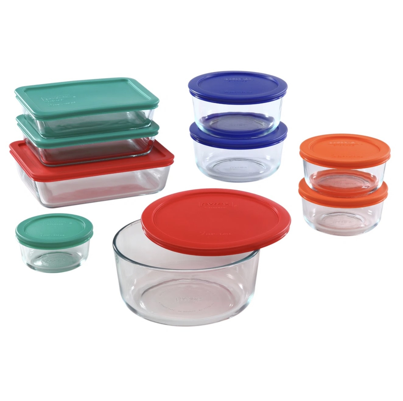 the nine glass food storage containers in different colors