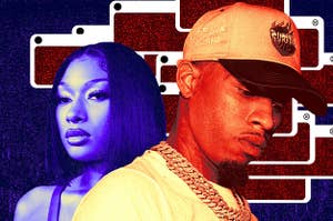 Tory Lanez in a red gradient. Megan Thee Stallion is in a blue gradient and starts to blend into the background that is the same blue color. Behind Lanez are many media boxes with a red color that makes him look like he's blending into the background.