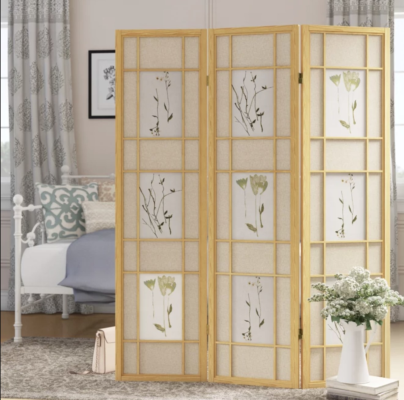 the three section room divider with floral accents