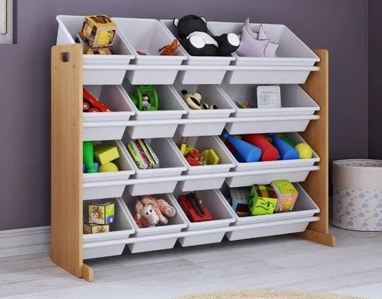 Natural/White color toy organizer in a playroom