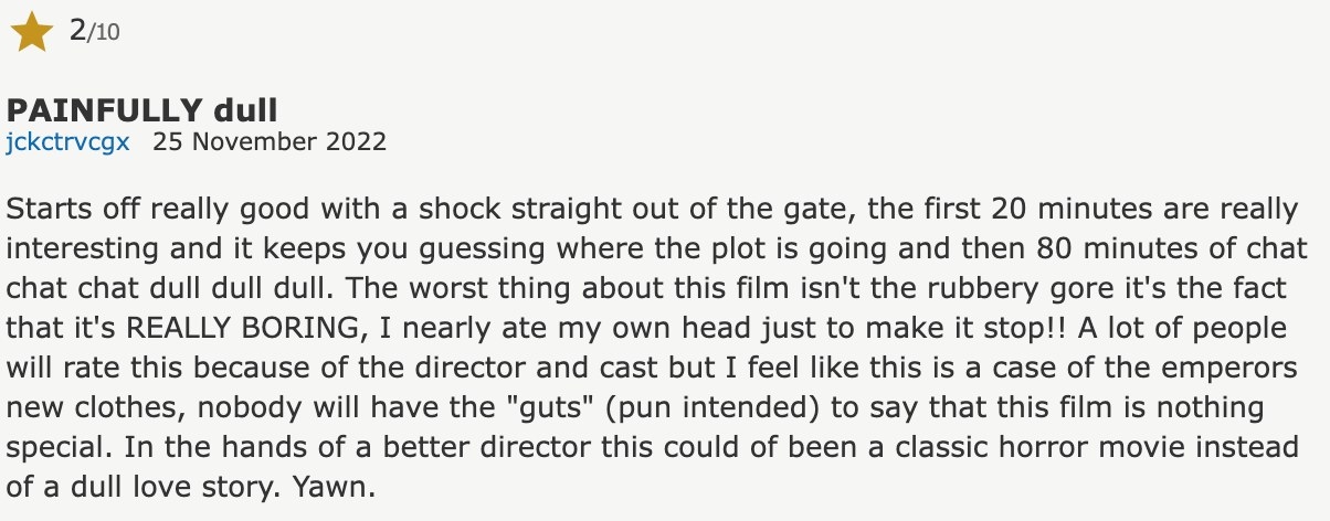 2 star IMDB review for &quot;Bones And All&quot;