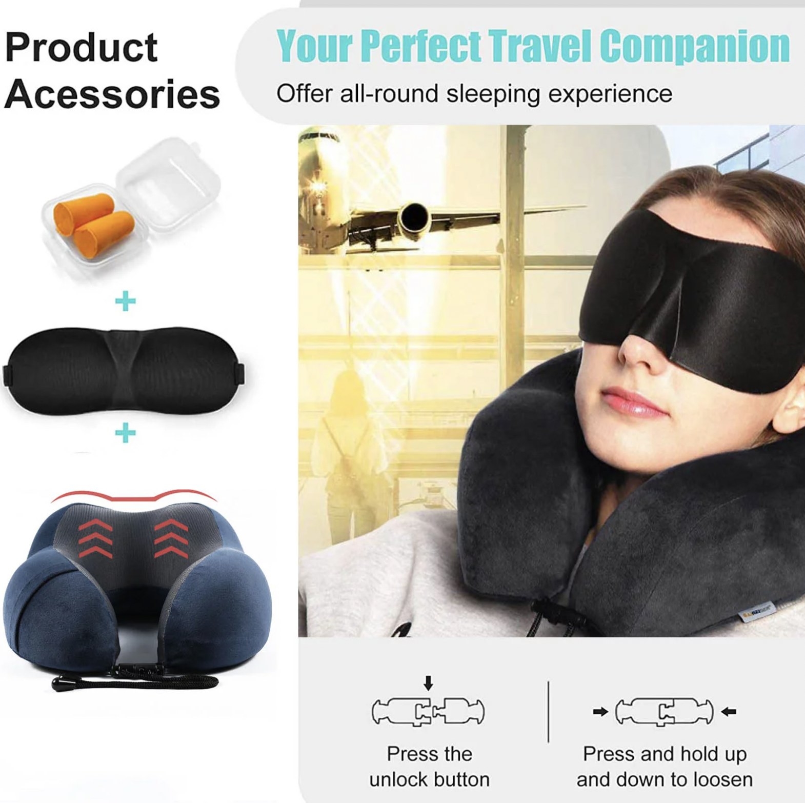 Someone sleeping with the pillow on neck and eye mask on with diagram showing the locking chip (right). Left shows all product accessories: earplugs, eye mask, and pillow