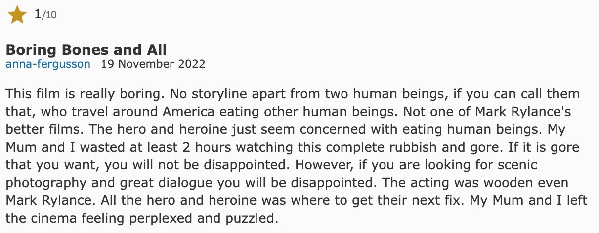 1 star IMDB review for &quot;Bones And All&quot;