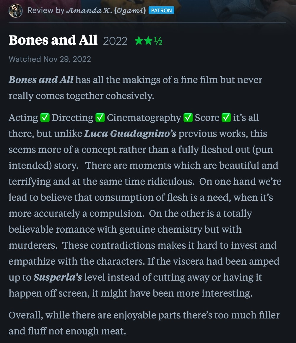 2.5 star Letterboxd review for &quot;Bones And All&quot;