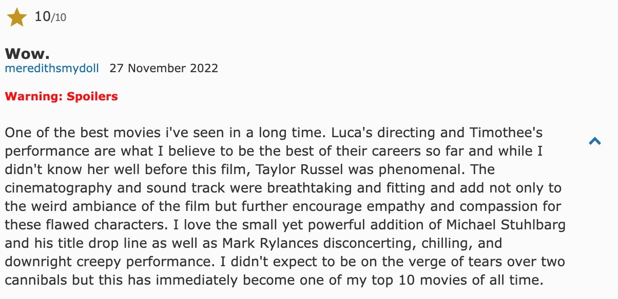 10 star IMDB review for &quot;Bones And All&quot;