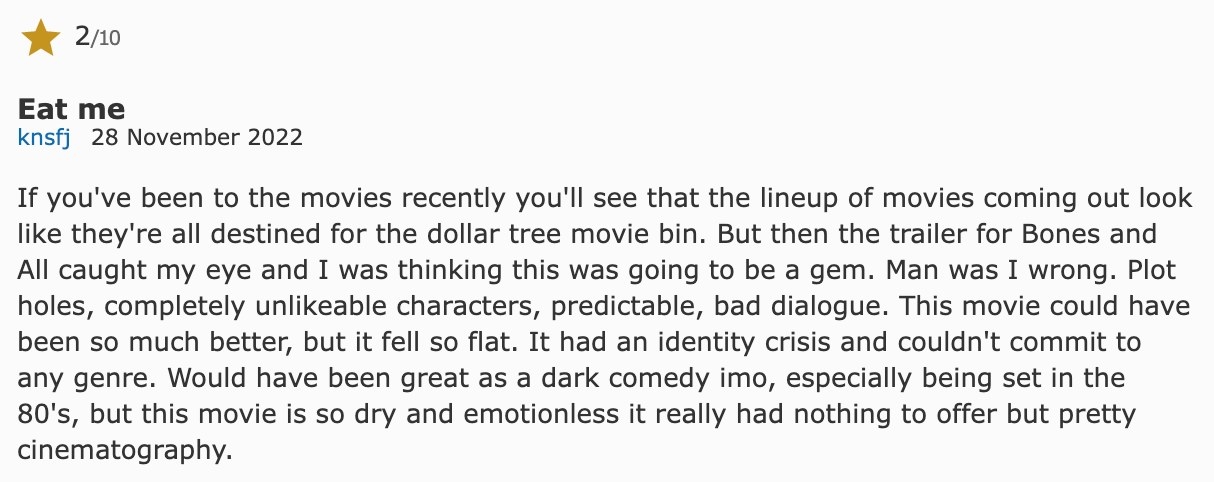 2 star IMDB review for &quot;Bones And All&quot;