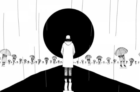 Screenshot from the &quot;Forever Rain&quot; music video showing a black and white animated figure surrounded by others holding umbrellas