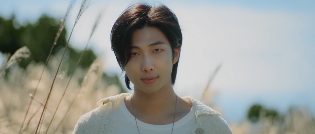 Close-up of RM looking into the camera as he stands in a field of wildflowers in the Wild Flower music video