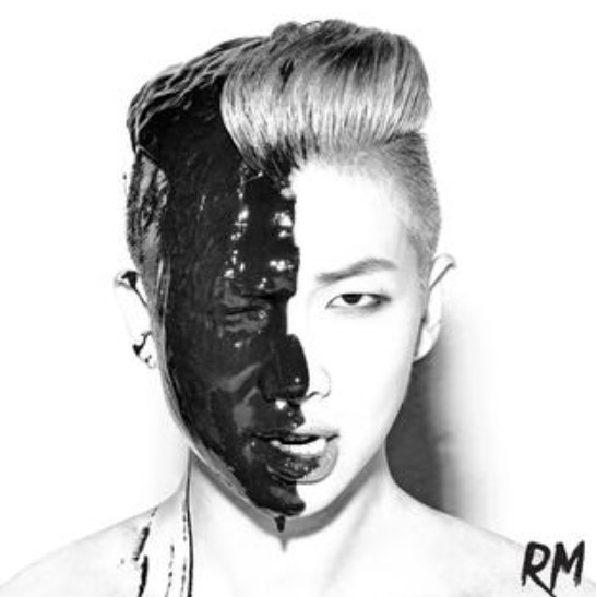 Cover of RM&#x27;s mixtape RM featuring a close-up of RM with half his face covered in black paint