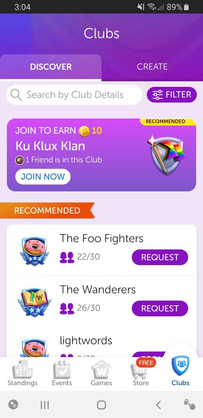 Get 10 coins on Words with Friends for joining offensive Ku Klux Klan club