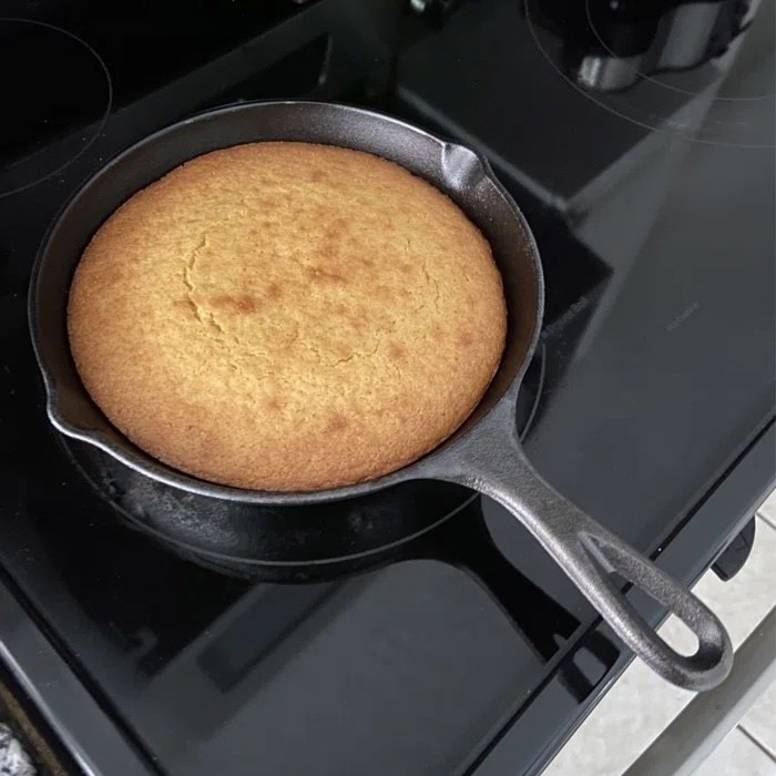 reviewer photo of cat iron skillet with cornbread