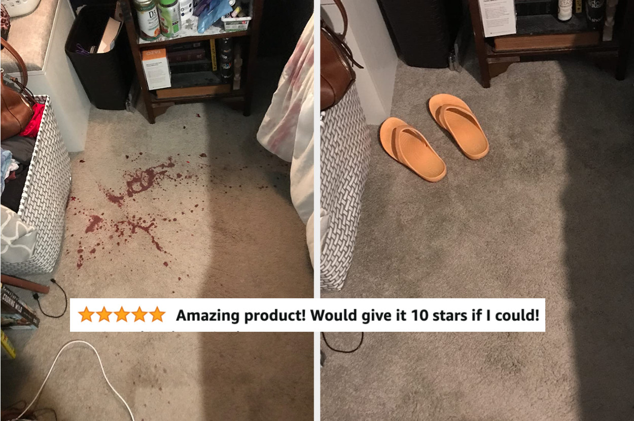 A reviewer before/after showing a big wine stain being reviewed with five-star text &quot;amazing product! Would give it 10 stars if I could!&quot;