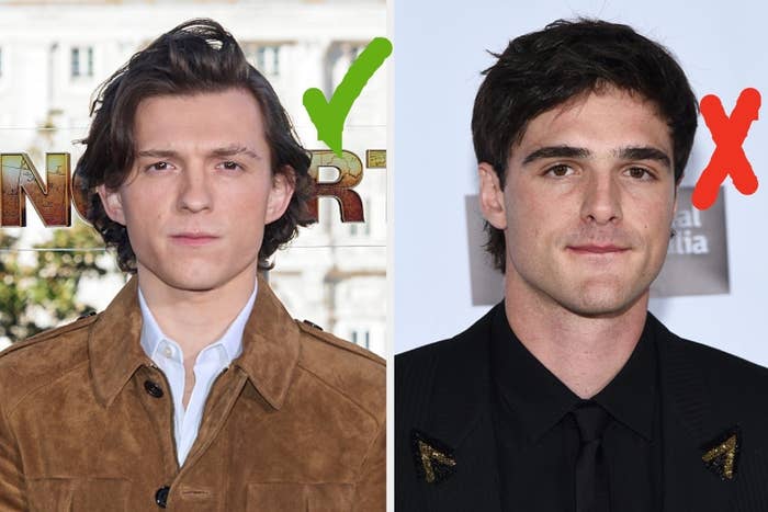 two images; on the left, a headshot of Tom Holland with green checkmarks and on the right, a headshot of Jacob Elordi with red Xs