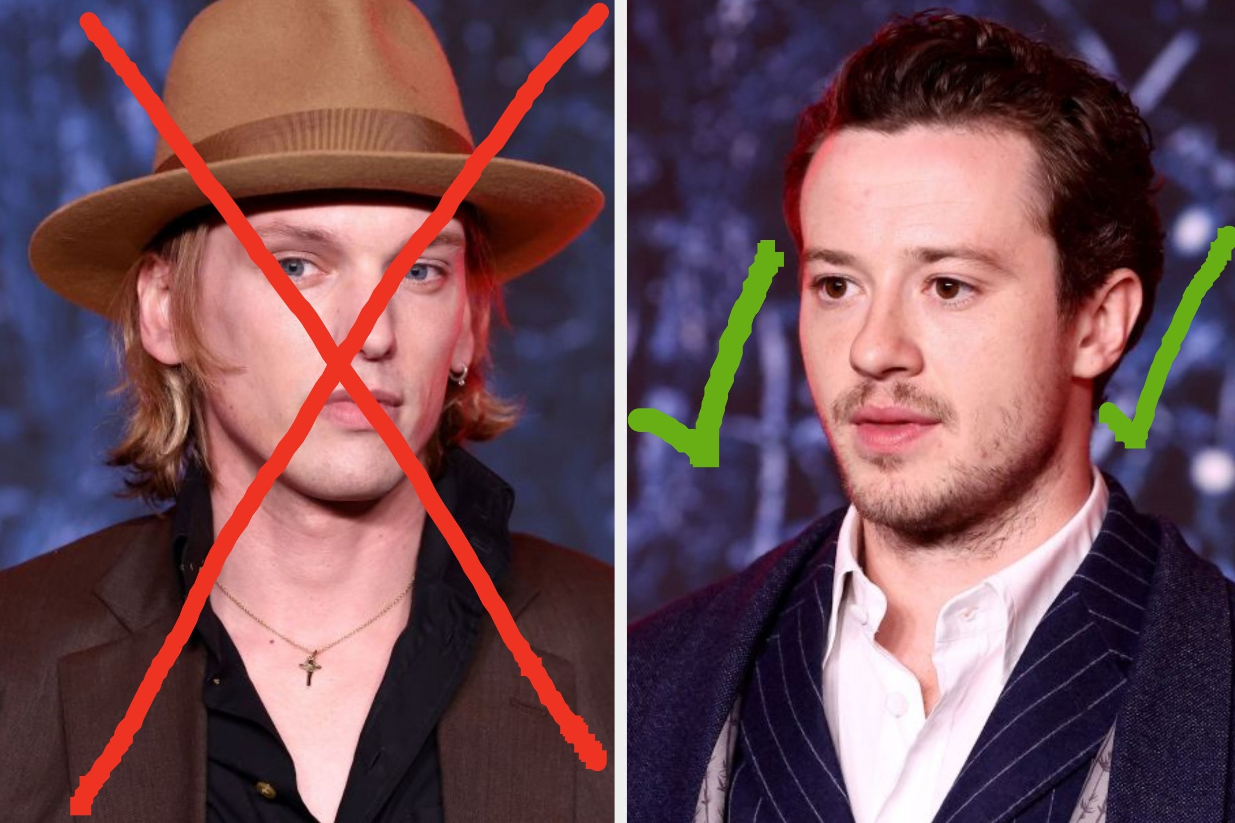 two images; on the left, an X over a headshot of Jamie Campbell Bower and on the right, a checkmark over a headshot of Joseph Quinn