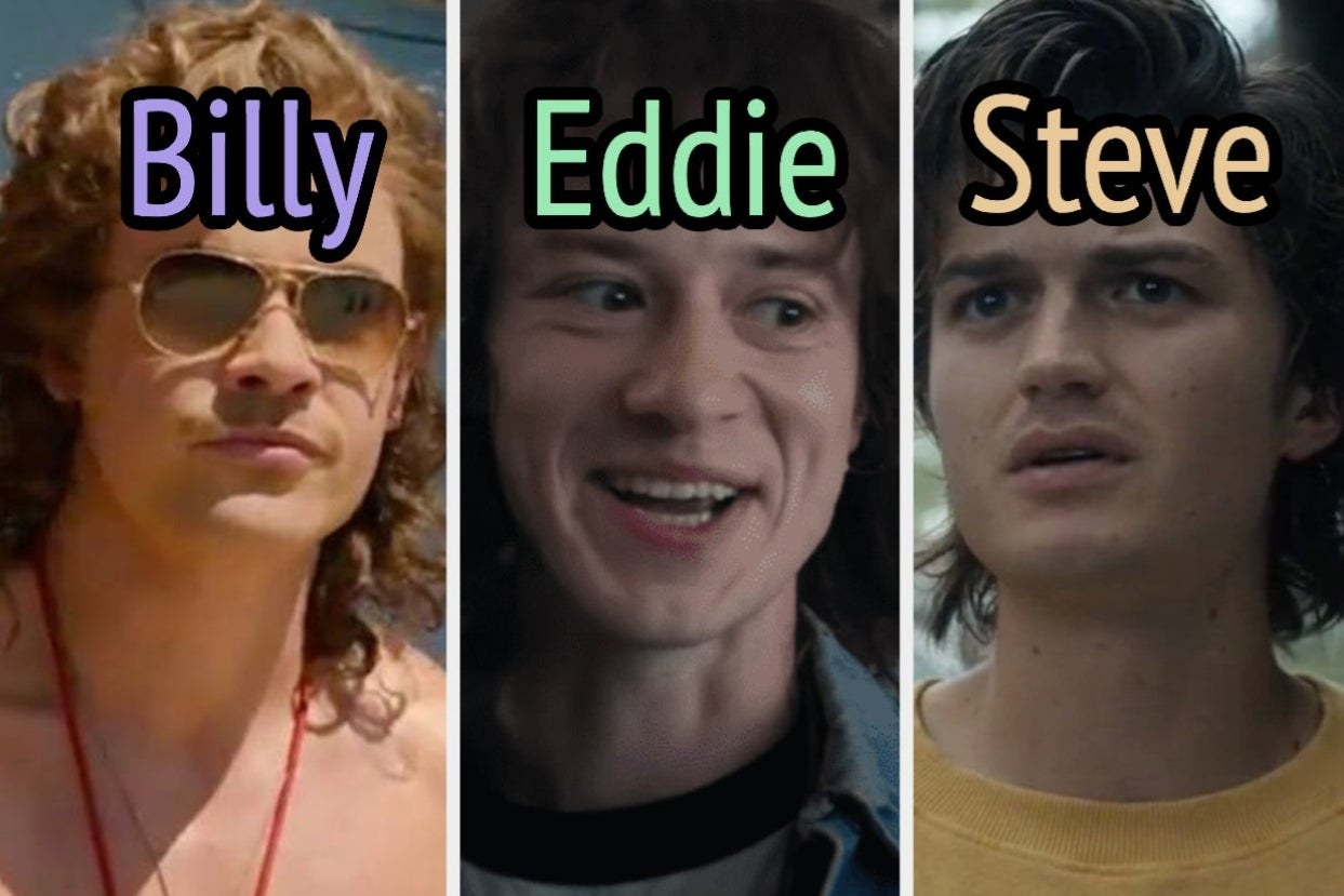 three images, on the left, Billy from &quot;Stranger Things&quot; with his name, in the middle is Eddie from &quot;Stranger Things&quot; with his name&quot; and on the right is Steve from &quot;Stranger Things&quot; with his name