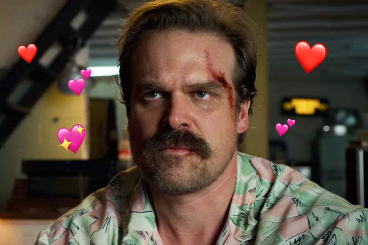 a photo of Hopper from &quot;Stranger Things&quot; surrounded by emoji hearts