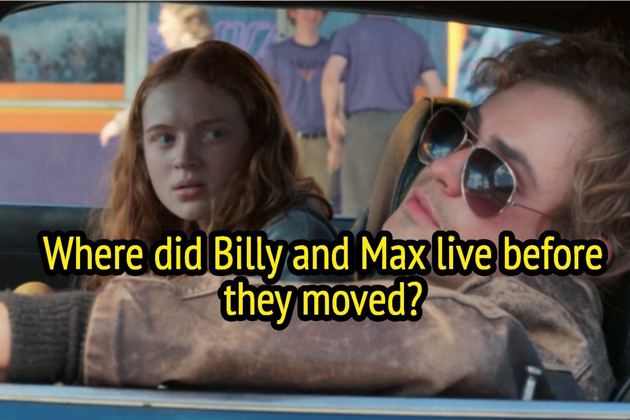 a screencap of Billy and Max from &quot;Stranger Things&quot; Season 3 with the words &quot;Where did Billy and Max live before they moved?&quot;