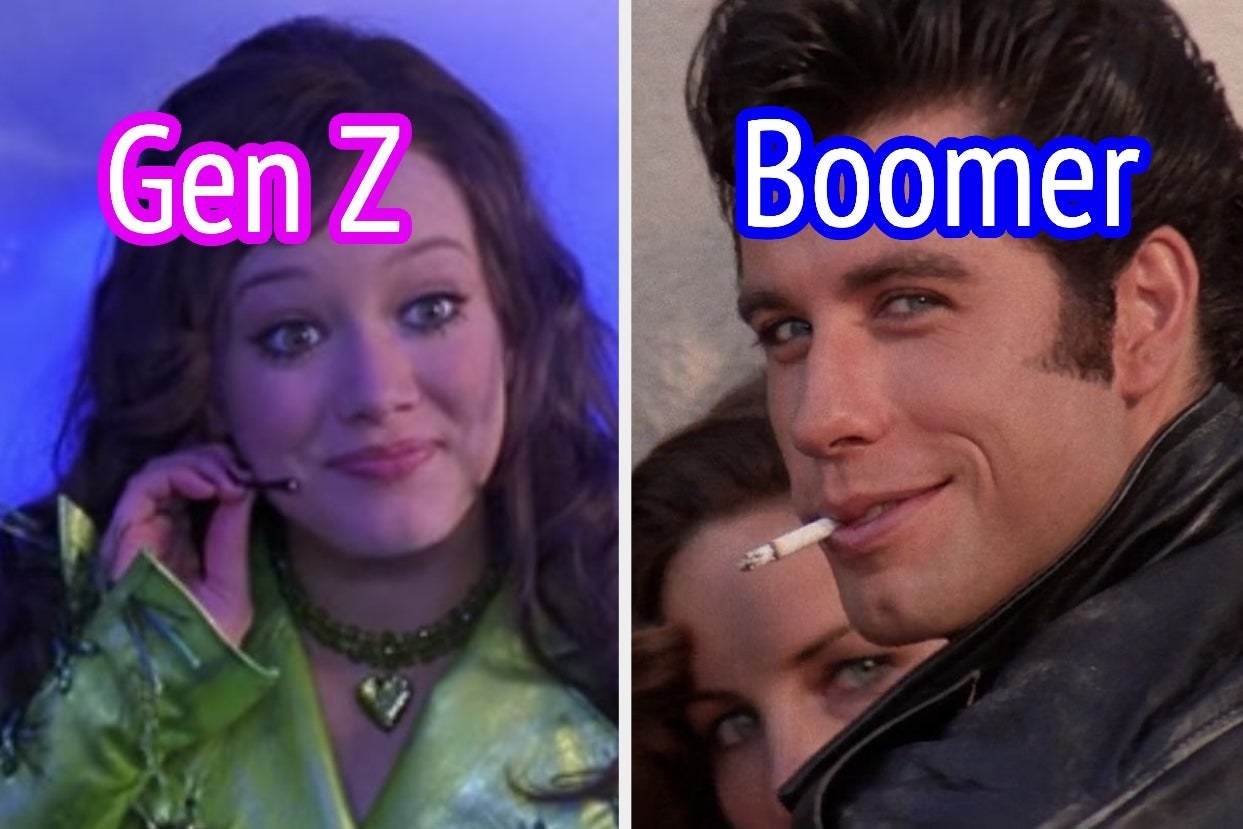 two images; on the left, Isabella from &quot;The Lizzie McGuire Movie&quot; with the word &quot;Gen Z&quot; and on the right, Danny from&quot;Grease&quot; with the word &quot;Boomer&quot;