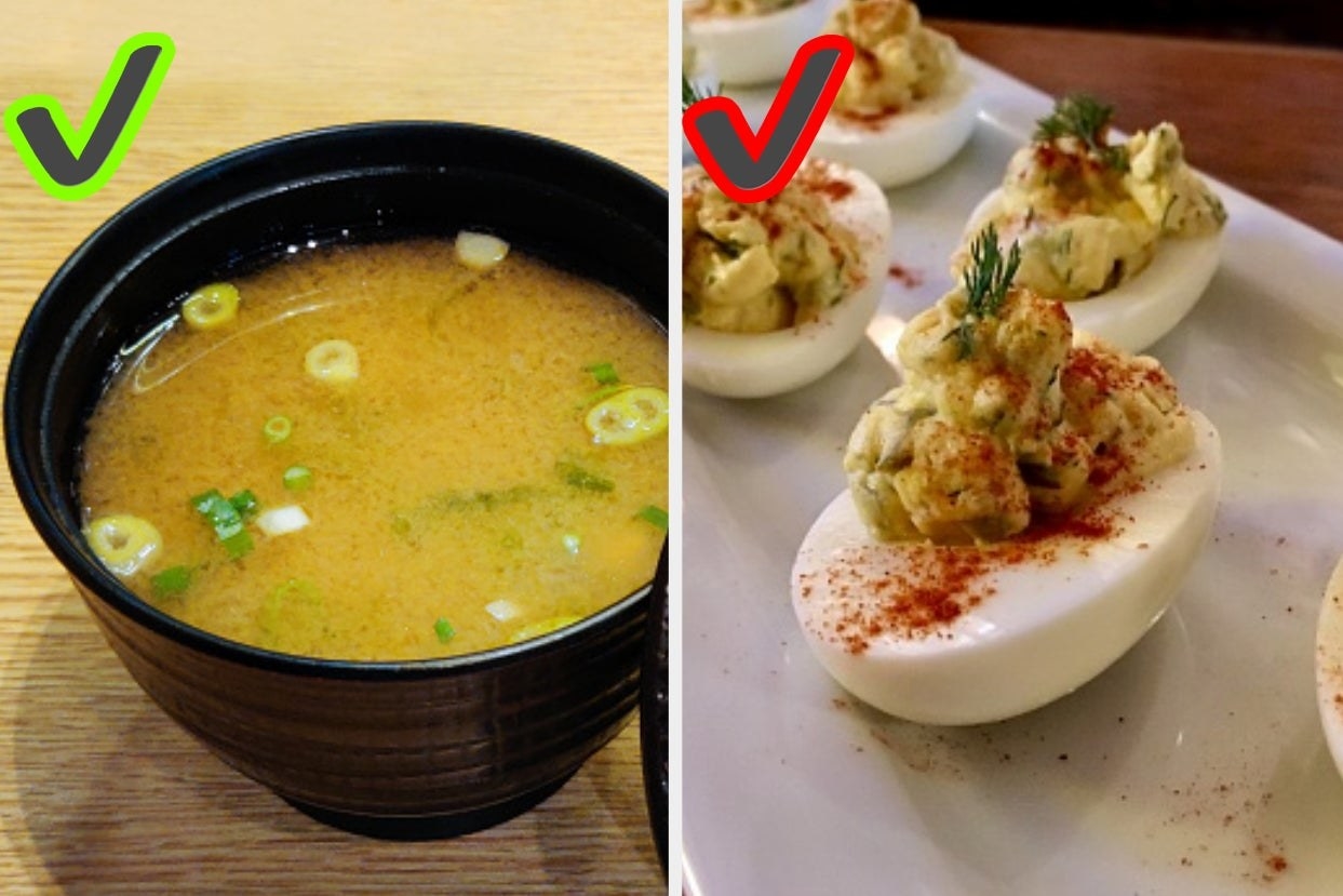 two images; on the left, a bowl of miso soup with a checkmark and on right, deviled eggs with an X