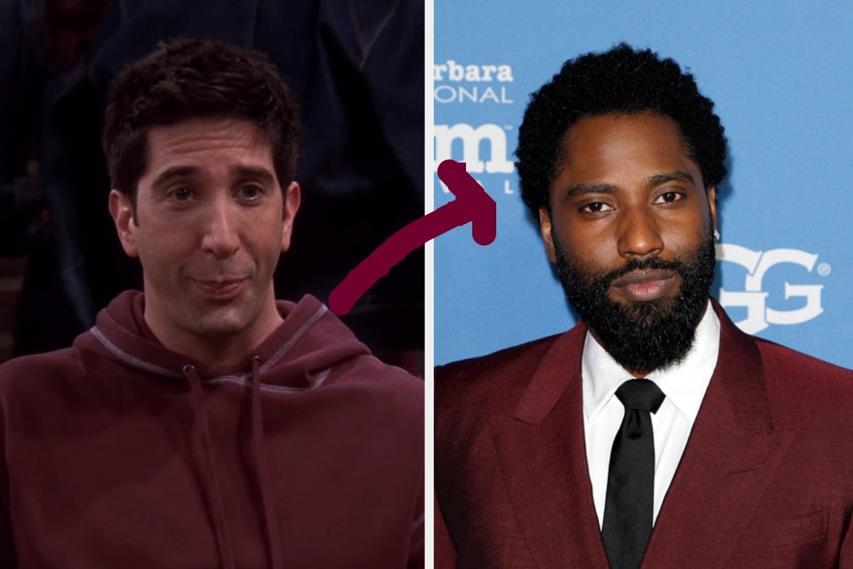 two images; on the left, Ross from &quot;Friends&quot; and it has an arrow pointing to the image on the right of John David Washington&#x27;s closeup