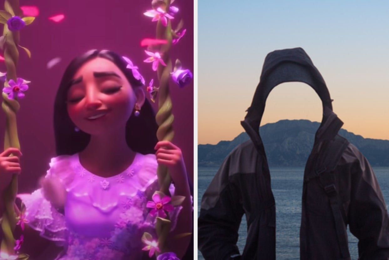 two images; on the left, Isabela from &quot;Encanto&quot; and on the right, an invisible person with a hoodie on