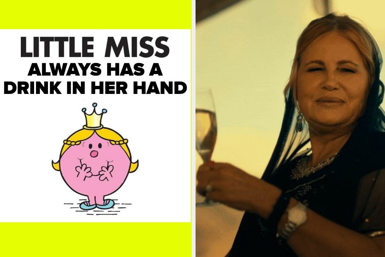two images; on the left, a meme that reads &quot;Little Miss Always Has A Drink In Her Hand,&quot; and on the right, a woman with a glass of champagne
